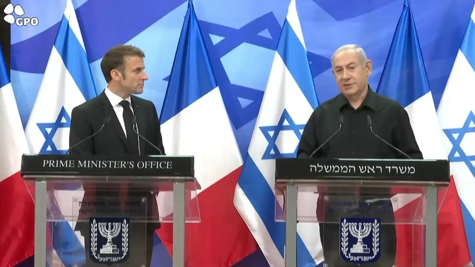 הצהרה משותפת של ראש הממשלה בנימין נתניהו ונשיא צרפת עמנואל מקרון, בירושלים.
24 באוקטובר 2023 הצהרה משותפת של ראש הממשלה בנימין נתניהו ונשיא צרפת עמנואל מקרון, בירושלים.
24 באוקטובר 2023