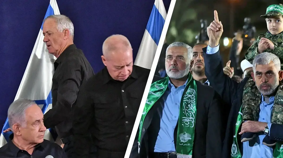 ראש הממשלה בנימין נתניהו , שר הביטחון יואב גלנט והשר בני גנץ בהצהרה לתקשורת, 18 בנובמבר 2023
אסמאעיל הניה, יחיא סינוואר ראש הממשלה בנימין נתניהו , שר הביטחון יואב גלנט והשר בני גנץ בהצהרה לתקשורת, 18 בנובמבר 2023
אסמאעיל הניה, יחיא סינוואר