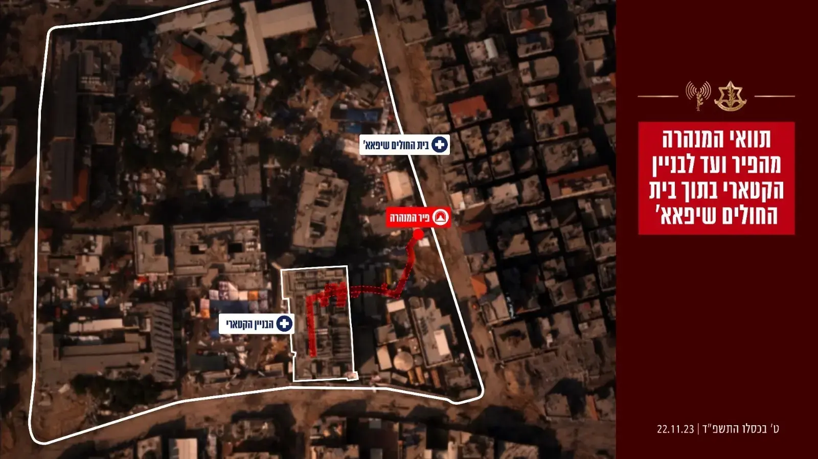 תצלום אוויר ובו אילוסטרציה של תוואי המנהרה שנחשף תחת בית החולים שיפא עזה תצלום אוויר ובו אילוסטרציה של תוואי המנהרה שנחשף תחת בית החולים שיפא עזה