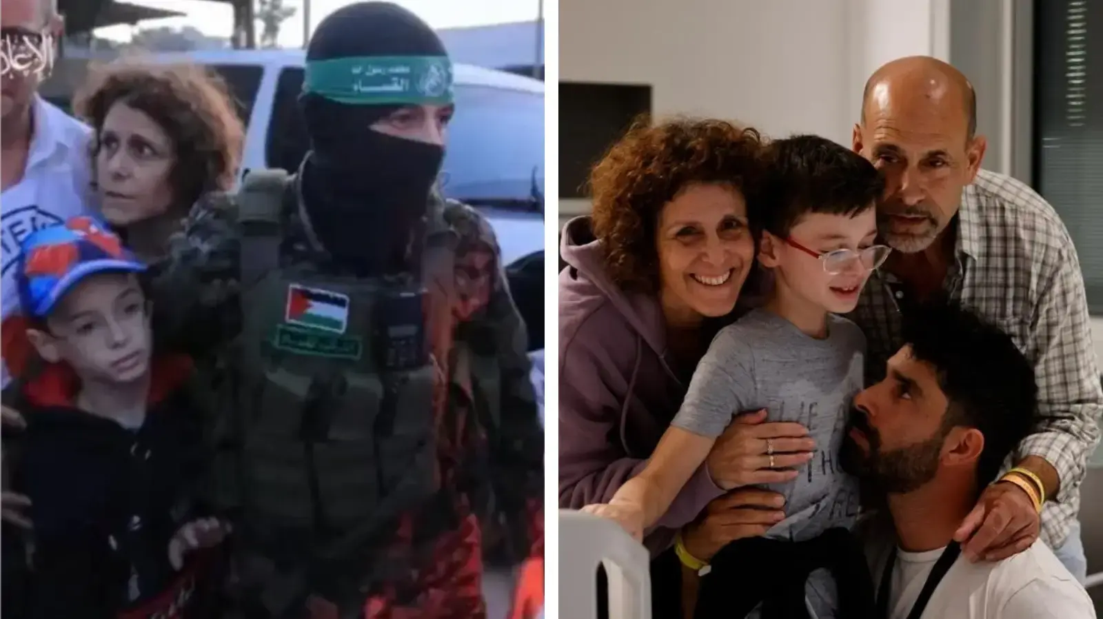 אוהד מונדר מובל ע"י מחבל חמאס | אוהד מונדר ומשפחתו בבית החולים שניידר לאחר שחרורו משבי החמאס, 25 בנובמבר 2023