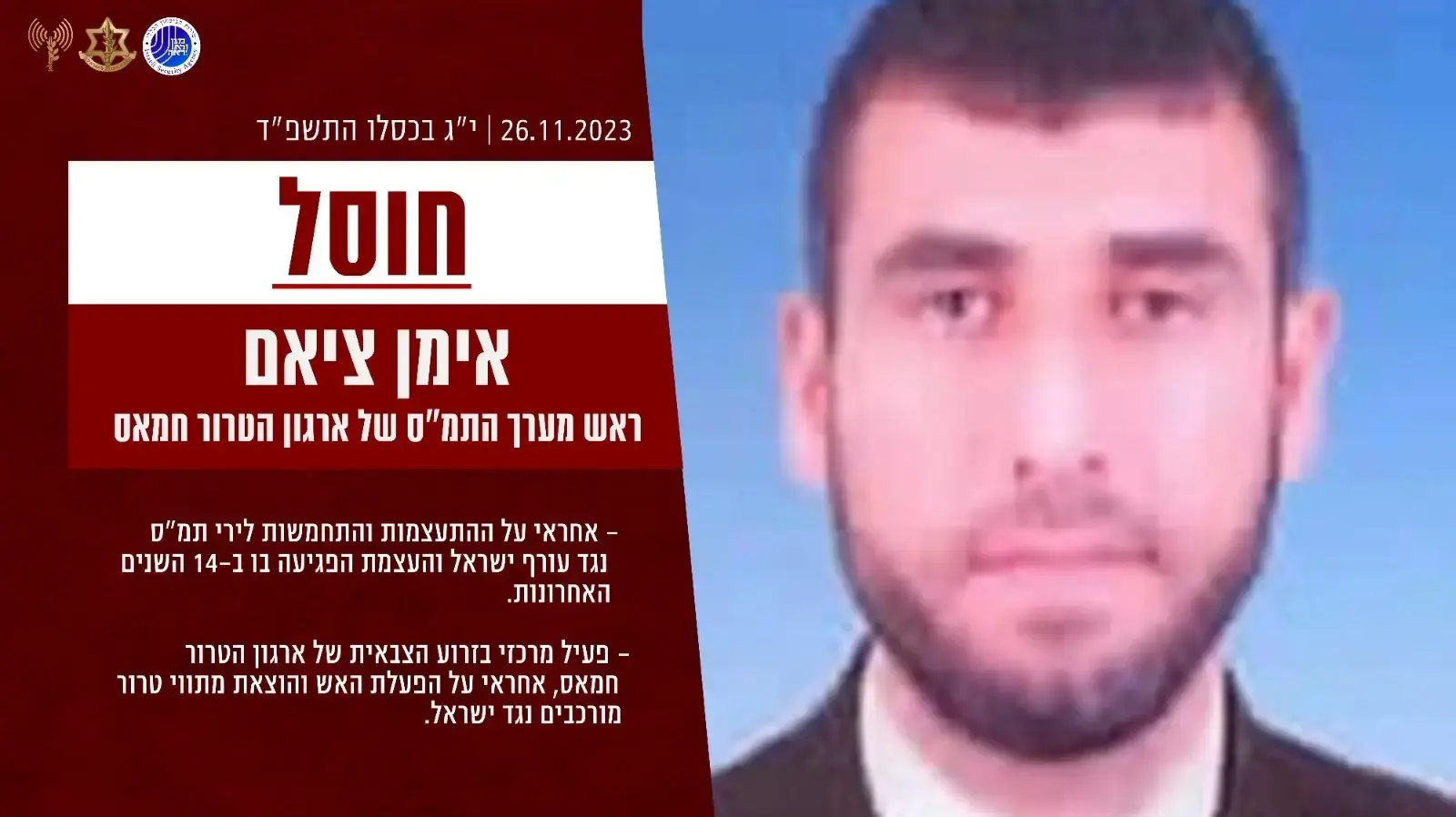 אימן ציאם, שימש כראש מערך התמ"ס של חמאס אימן ציאם, שימש כראש מערך התמ"ס של חמאס