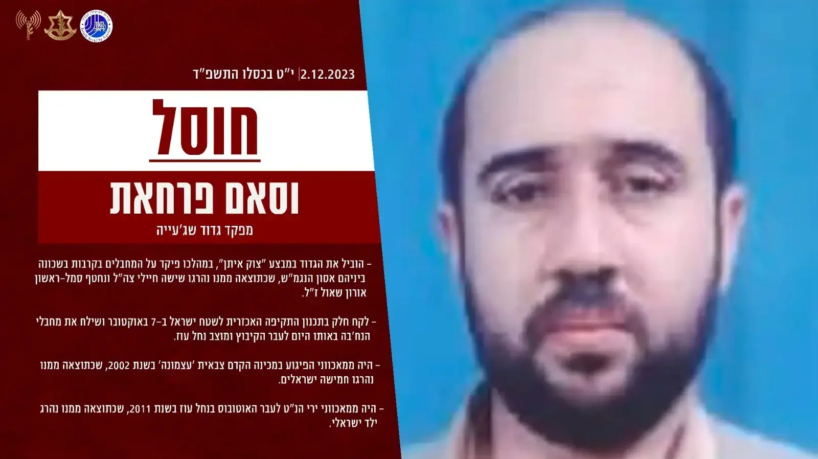 תעודת הזהות של מפקד גדוד שג'עייה של ארגון הטרור חמאס שחוסל היום, וסאם פרחאת