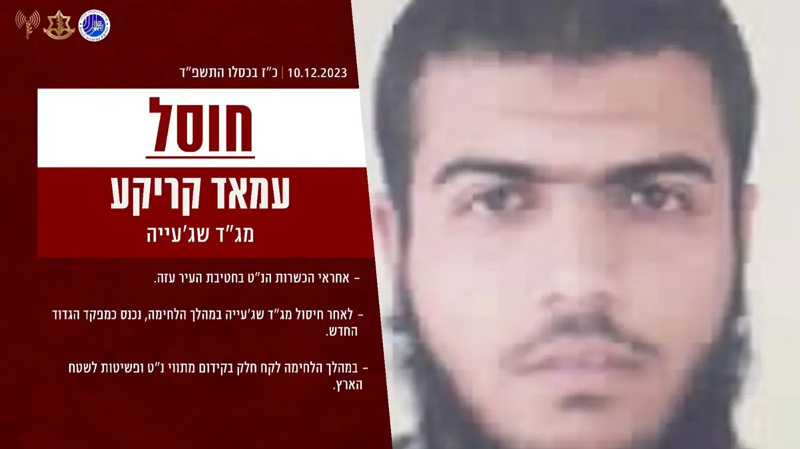 צה"ל ושב"כ חיסלו בתקיפה אווירית את המפקד החדש של גדוד שג'עייה של חמאס, לאחר שקודמו בתפקיד חוסל במהלך הלחימה צה"ל ושב"כ חיסלו בתקיפה אווירית את המפקד החדש של גדוד שג'עייה של חמאס, לאחר שקודמו בתפקיד חוסל במהלך הלחימה
