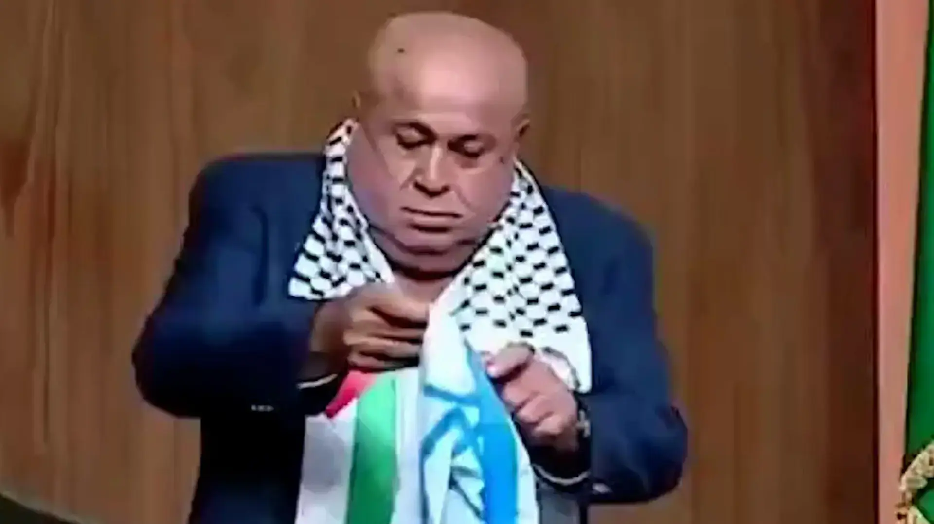 חבר הפרלמנט הירדני חליל עטייה שורף דגל ישראל בכינוס בקהיר חבר הפרלמנט הירדני חליל עטייה שורף דגל ישראל בכינוס בקהיר