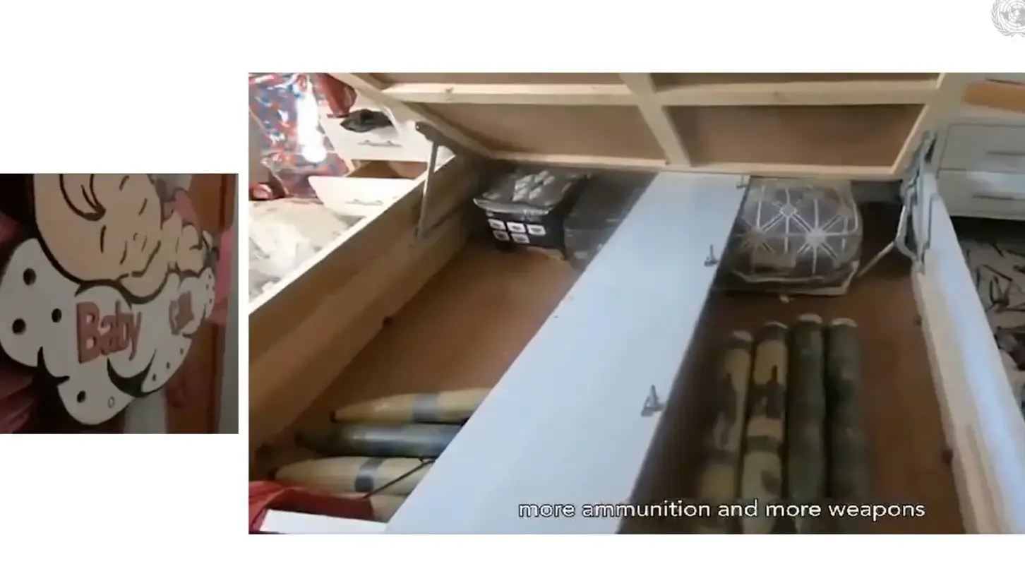 תמונות שהמציגות רקטות שהוחבאו במיטת ילד ברצועת עזה, אותן הראתה ד"ר גלית רג'ואן בפני בית הדין הבינלאומי בהאג. 12 בינואר 2024 תמונות שהמציגות רקטות שהוחבאו במיטת ילד ברצועת עזה, אותן הראתה ד"ר גלית רג'ואן בפני בית הדין הבינלאומי בהאג. 12 בינואר 2024