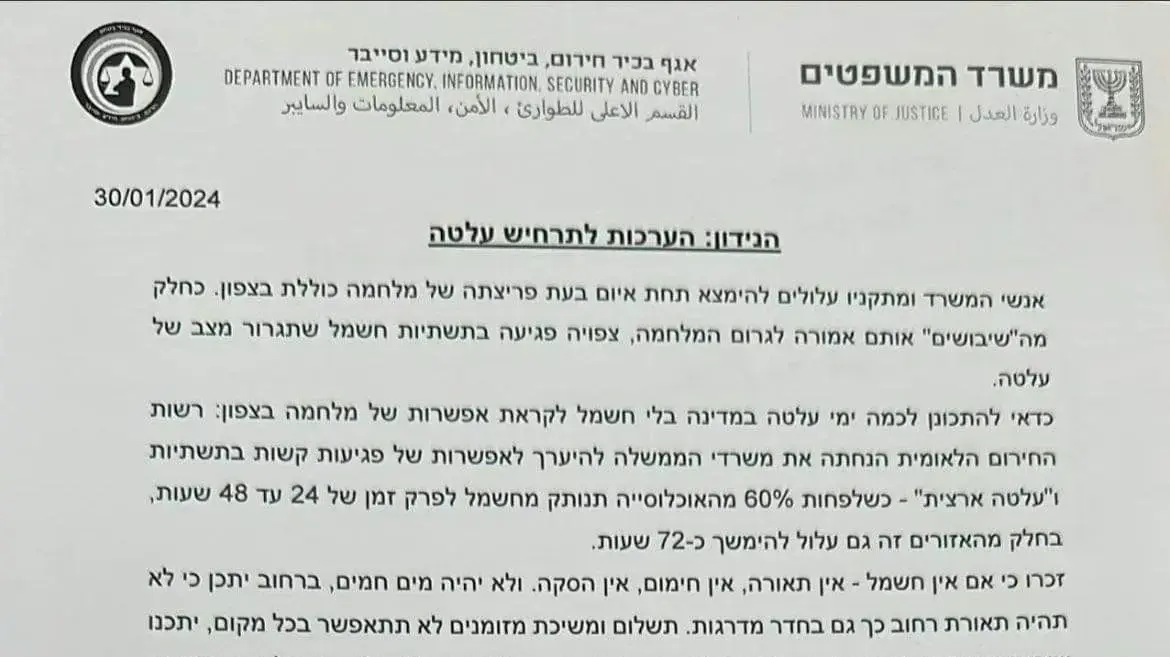 מכתב רח"ל המורה למשרדי הממשלה להיערך לתרחיש מלחמה קיצוני בצפון. 31 בינואר 2023 מכתב רח"ל המורה למשרדי הממשלה להיערך לתרחיש מלחמה קיצוני בצפון. 31 בינואר 2023