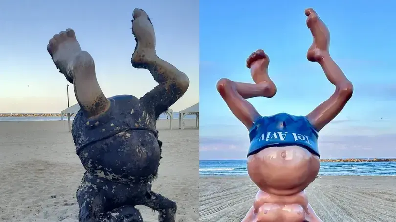 פסלו של בן גוריון שוקם והוצב מחדש בחוף הים בתל אביב. 7 בפברואר 2024