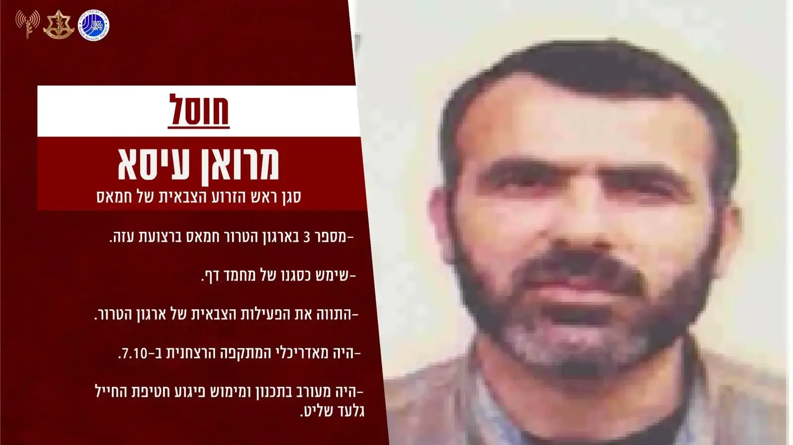 תעודת זהות של מרואן עיסא סגן ראש הזרוע הצבאית של חמאס 26 במרץ 2024 תעודת זהות של מרואן עיסא סגן ראש הזרוע הצבאית של חמאס 26 במרץ 2024