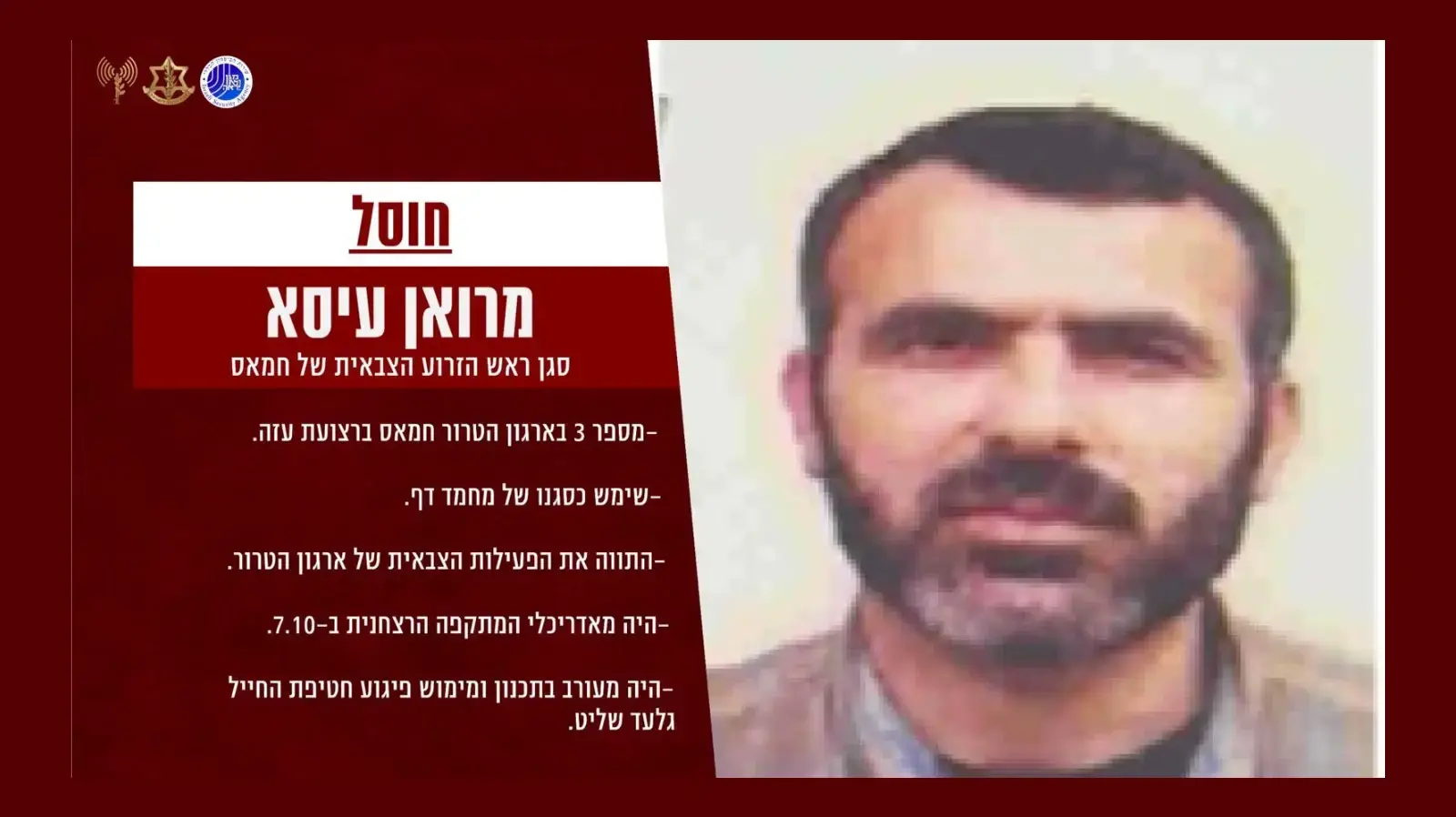 תעודת זהות של מרואן עיסא סגן ראש הזרוע הצבאית של חמאס 26 במרץ 2024 תעודת זהות של מרואן עיסא סגן ראש הזרוע הצבאית של חמאס 26 במרץ 2024