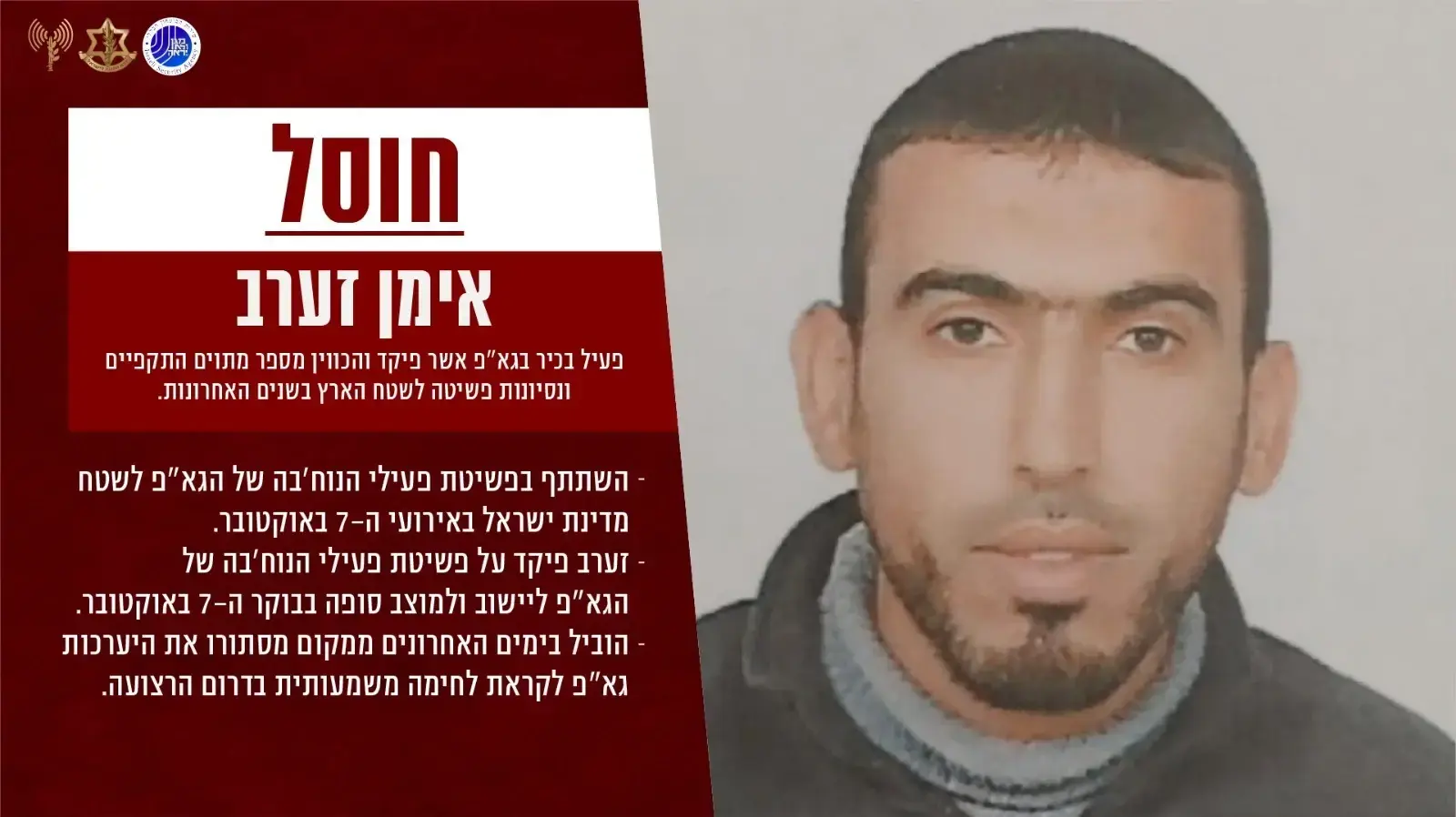 בכיר הג'יהאד האסלאמי ברצועת עזה אימן זערב שחוסל על ידי צה"ל בכיר הג'יהאד האסלאמי ברצועת עזה אימן זערב שחוסל על ידי צה"ל