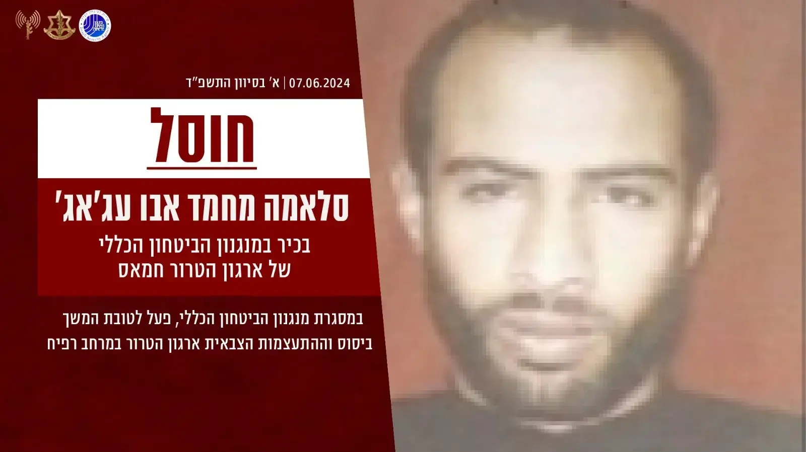 סלאמה מחמד אבו עג׳אג׳, מראשי מנגנון הביטחון הכללי של חמאס שחוסל על ידי צה"ל ברפיח סלאמה מחמד אבו עג׳אג׳, מראשי מנגנון הביטחון הכללי של חמאס שחוסל על ידי צה"ל ברפיח