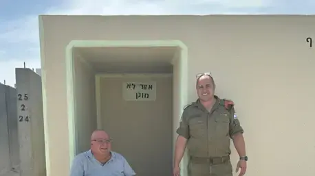 סא"ל יונתן אלשיך רע"ן פרויקטים במחלקת פיקוד העורף עם יובל וגנר יו"ר נגישות ישראל מחוץ למיגונית מונגשת לנכים
