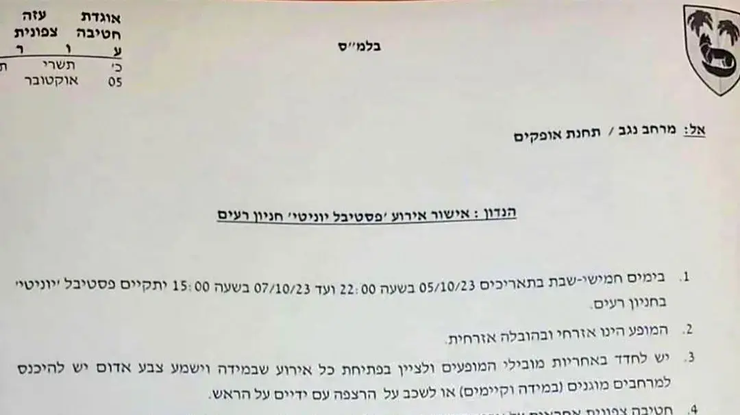 אישור פסטיבל הנובה "יונטי בחניון רעים" אישור פסטיבל הנובה "יונטי בחניון רעים"
