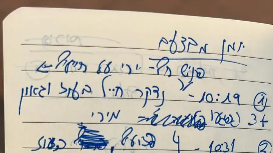 פתק שכתב אורי יעיש בן ה-27 שנהרג בפיגוע הירי בצומת ראם לפני מותו פתק שכתב אורי יעיש בן ה-27 שנהרג בפיגוע הירי בצומת ראם לפני מותו