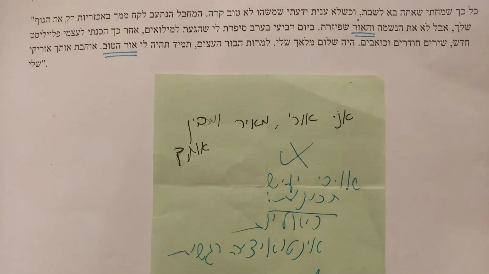 פתק שכתב אורי יעיש בן ה-27 שנהרג בפיגוע הירי בצומת ראם לפני מותו פתק שכתב אורי יעיש בן ה-27 שנהרג בפיגוע הירי בצומת ראם לפני מותו