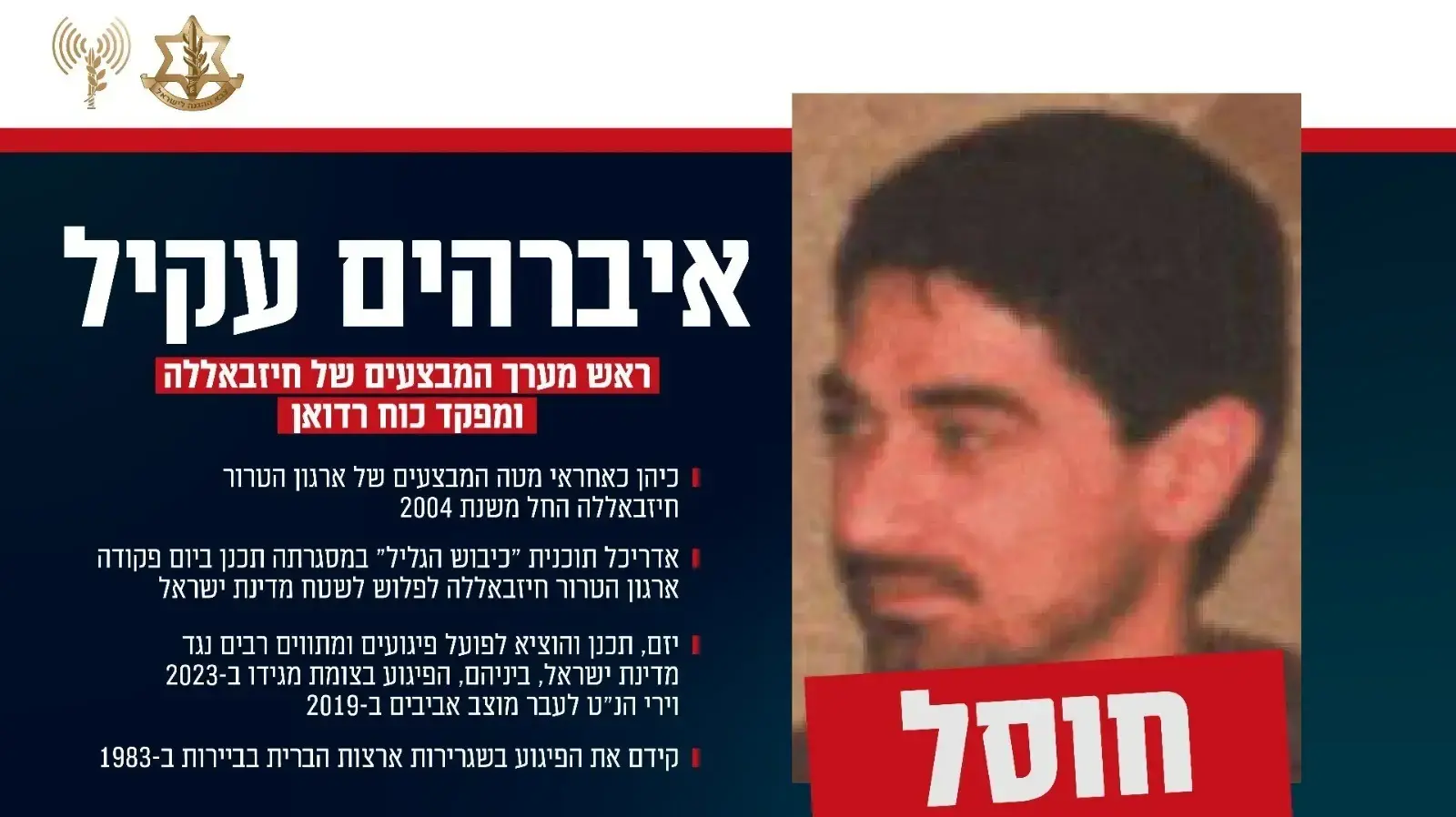בכיר הזרוע הצבאית של חיזבאללה איבראהים עקיל בכיר הזרוע הצבאית של חיזבאללה איבראהים עקיל