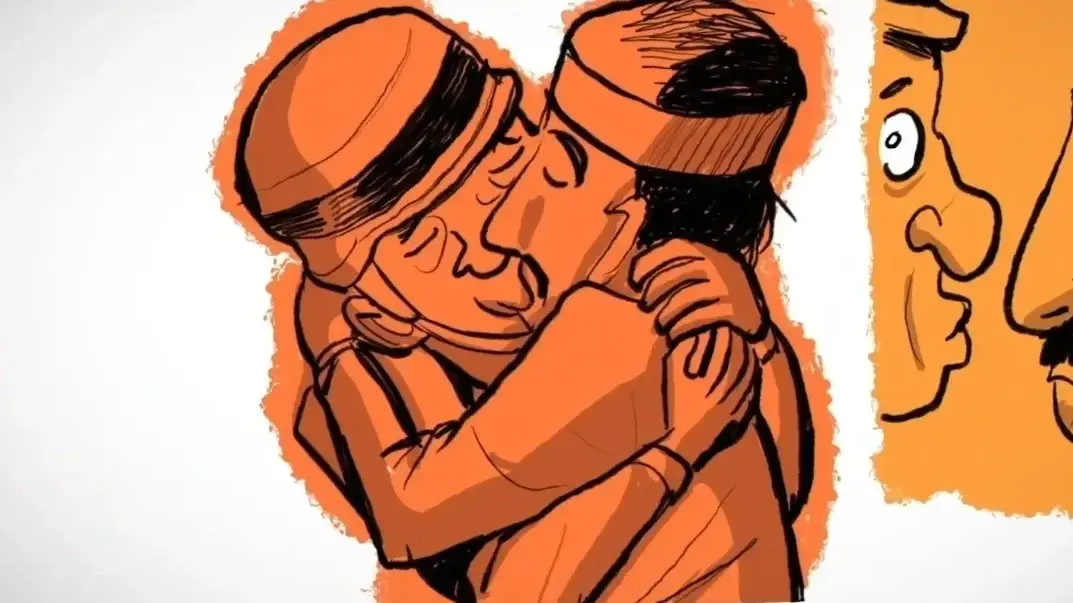 איור מתוך הסרט "שווארמה ביץ'" של להקת טיפקס שיצר אורי פינק, המלווה את האלבום של הלהקהבעל אותו שם, בו נראים חייל צה"ל וחמאסניק מתנשקים איור מתוך הסרט "שווארמה ביץ'" של להקת טיפקס שיצר אורי פינק, המלווה את האלבום של הלהקהבעל אותו שם, בו נראים חייל צה"ל וחמאסניק מתנשקים