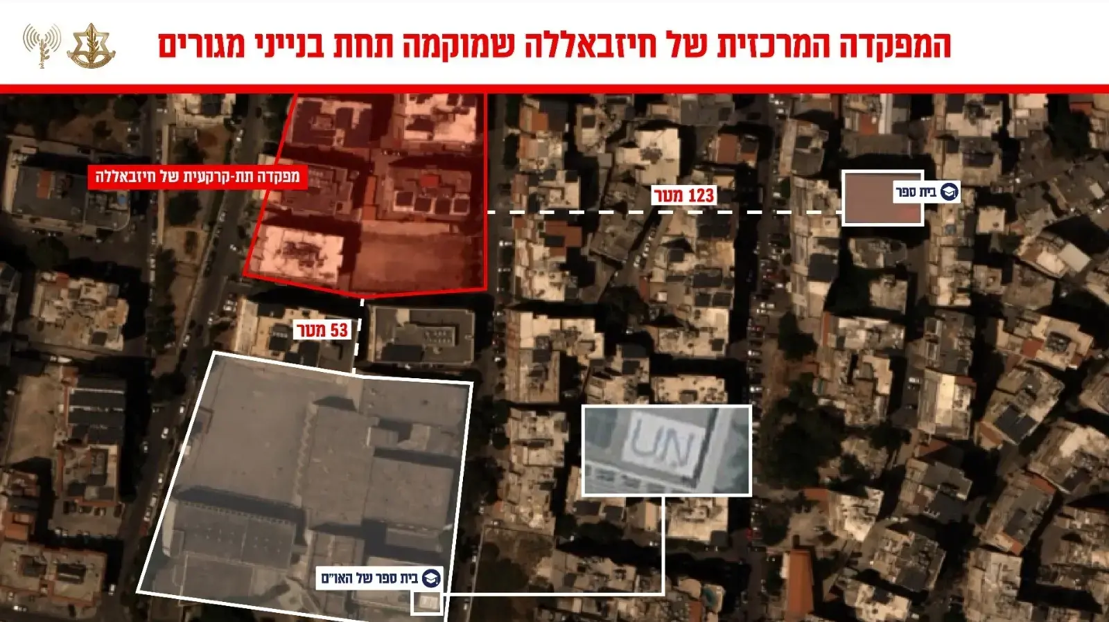 המפקדה המרכזית של אירגון הטרור חיזבאללה הממקומת מתחת לבניני מגורים.29 בספטמבר 2024 המפקדה המרכזית של אירגון הטרור חיזבאללה הממקומת מתחת לבניני מגורים.29 בספטמבר 2024