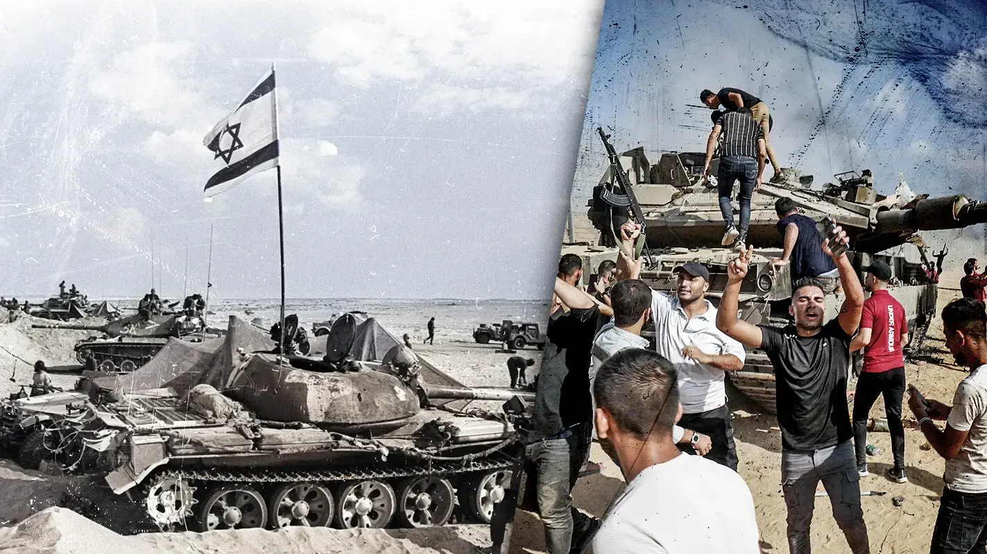 מחבלים פלסטינים עולים על טנק מושבת של צה"ל במתקפת ה7.10, טנק במלחמת יום הכיפור