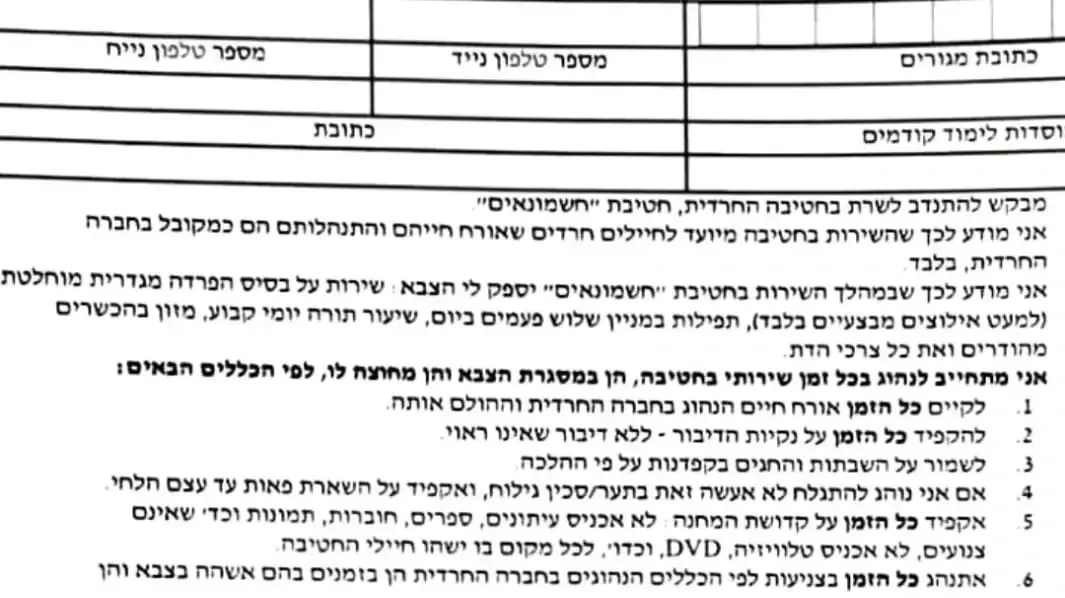מסמך עליו נדרשים לחתום מתגייסים חרדים. 19 בנובמבר 2024 מסמך עליו נדרשים לחתום מתגייסים חרדים. 19 בנובמבר 2024