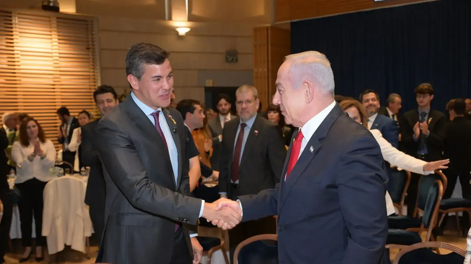 ראש הממשלה בנימין נתניהו ונשיא פרגוואי סנטיאגו פנייה בטקס חניכת שגרירות פרגוואי החדשה , ירושלים , 12 בדצמבר 2024