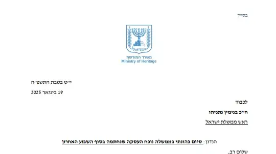 מכתב ההתפטרות של שר המורשת עמיחי אליהו מכתב ההתפטרות של שר המורשת עמיחי אליהו