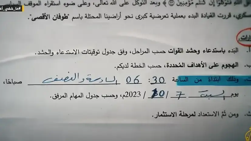 המסמך בו נכתב התאריך והשעה של מתקפת 7 באוקטובר מתוך תוכנית התחקירים של אל ג'זירה המסמך בו נכתב התאריך והשעה של מתקפת 7 באוקטובר מתוך תוכנית התחקירים של אל ג'זירה
