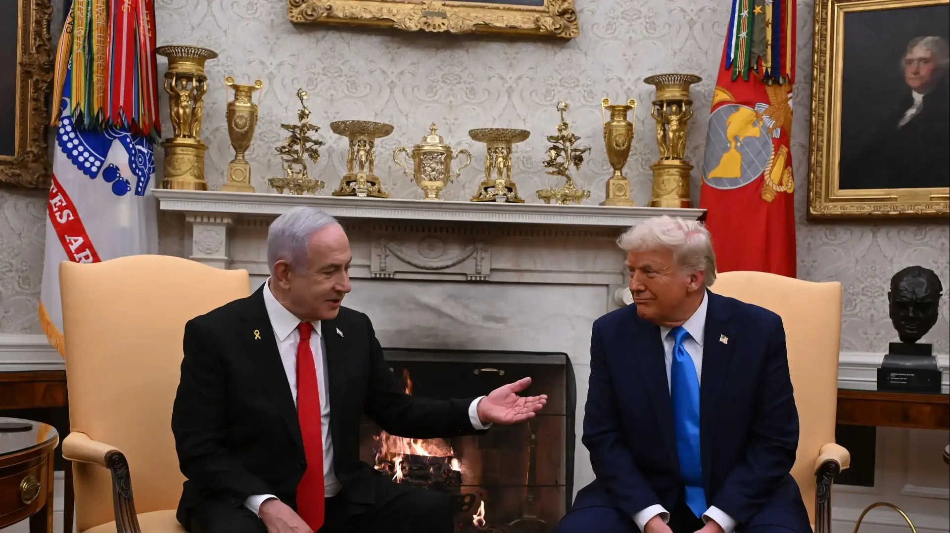 החלה פגישתם של דונלד טראמפ ובנימין נתניהו בבית הלבן, 4 בפברואר 2025. החלה פגישתם של דונלד טראמפ ובנימין נתניהו בבית הלבן, 4 בפברואר 2025.