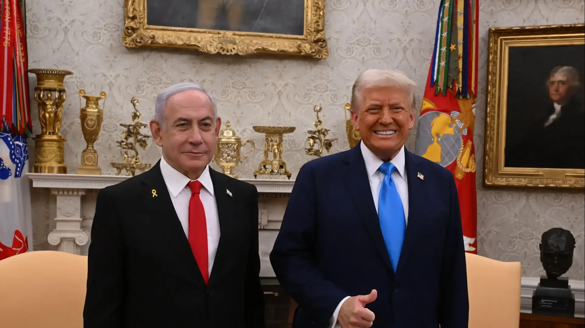 החלה פגישתם של דונלד טראמפ ובנימין נתניהו בבית הלבן, 4 בפברואר 2025. החלה פגישתם של דונלד טראמפ ובנימין נתניהו בבית הלבן, 4 בפברואר 2025.