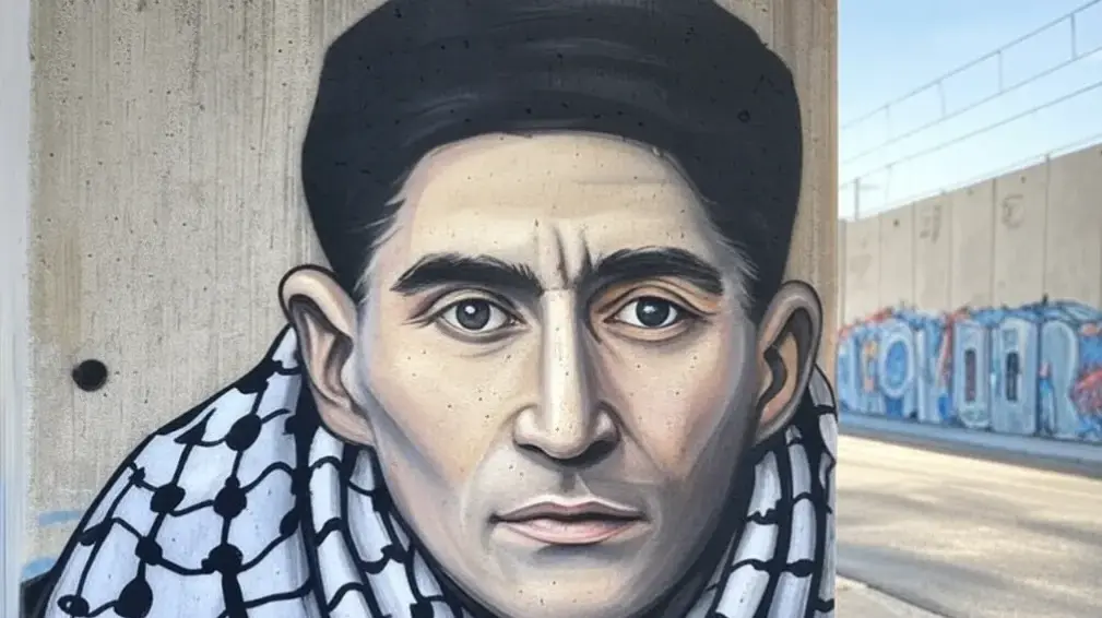 גרפיטי של פרנץ קפקא עם כאפייה על גדר ההפרדה 