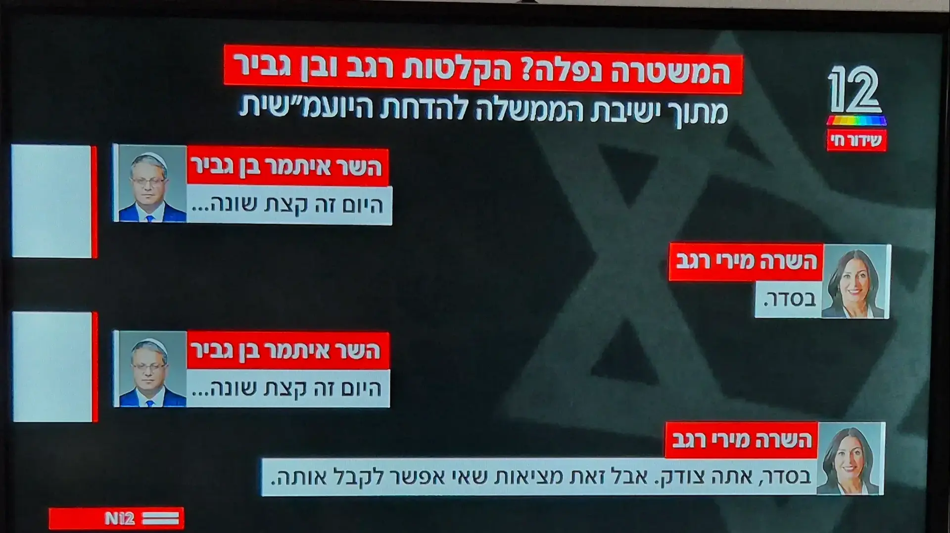 מתוך תשובת איתמר בן גביר למירי רגב, ישיבת הממשלה. חדשות 12 מתוך תשובת איתמר בן גביר למירי רגב, ישיבת הממשלה. חדשות 12