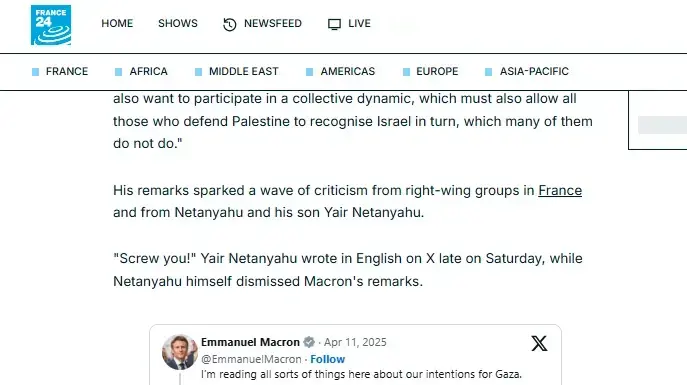 הציוץ של יאיר נתניהו, פראנס 24 הציוץ של יאיר נתניהו, פראנס 24