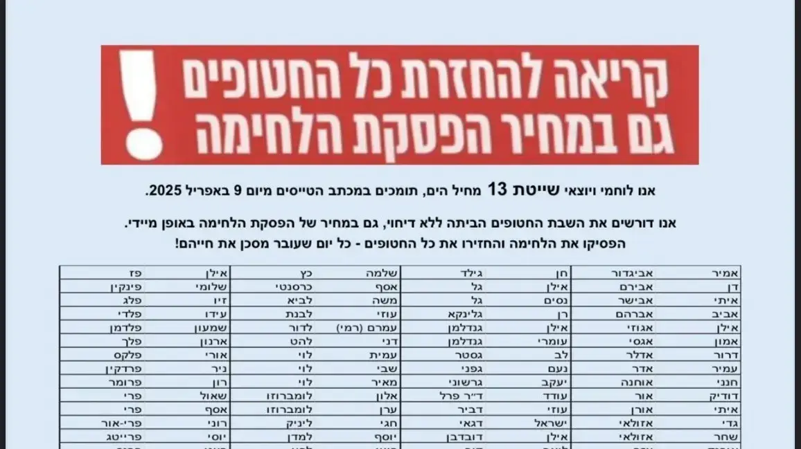 מכתב של יוצאי שייטת 13, בקריאה להחזרת כל החטופים. 15 באפריל 2025 מכתב של יוצאי שייטת 13, בקריאה להחזרת כל החטופים. 15 באפריל 2025