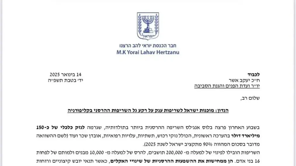 מכתבים בדרישה לקיים דיונים בוועדות על מוכנות ישראל לשריפות ענק מכתבים בדרישה לקיים דיונים בוועדות על מוכנות ישראל לשריפות ענק