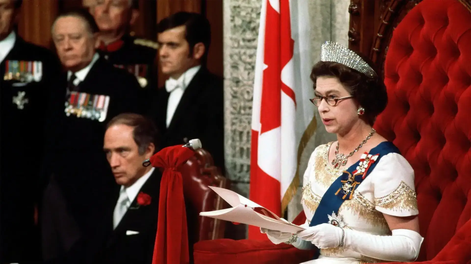 October 18, 1977, On: Queen Elizabeth II reads the Throne Speech in the Senate Chambers Oct. 18, 1977, officially opening the session of Parliament. Prime Minister Trudeau sits to the right of the Queen. (CP PHOTO) (Credit Image: © The Canadian Press via ZUMA Press)
October 18, 1977, On: Queen Elizabeth II reads the Throne Speech in the Senate Chambers Oct. 18, 1977, officially opening the session of Parliament. Prime Minister Trudeau sits to the right of the Queen. (CP PHOTO) (Credit Image: © The Canadian Press via ZUMA Press)