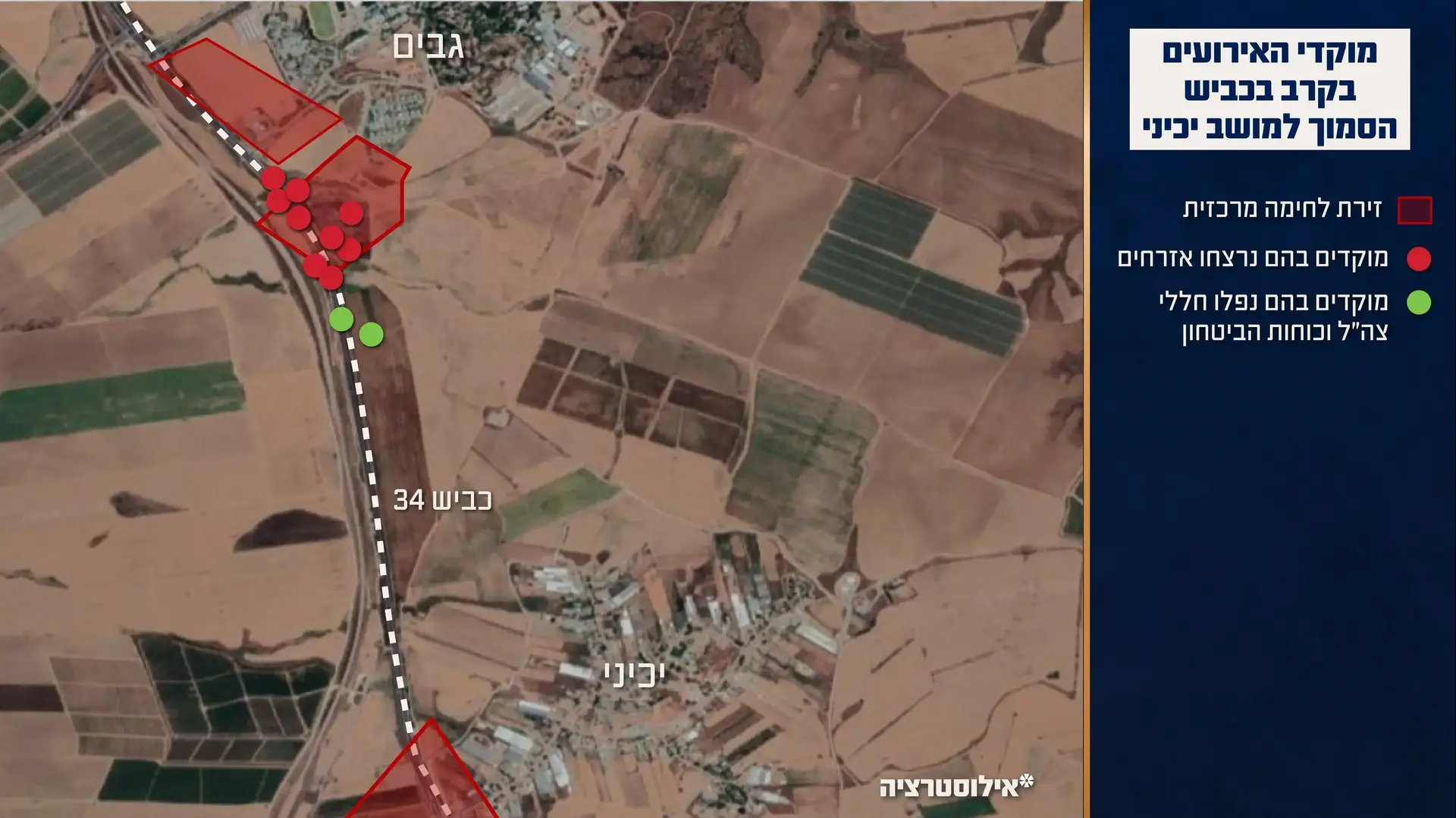 מפה המציגה את האירועים במהלך הקרב בכביש הסמוך למושב יכיני מפה המציגה את האירועים במהלך הקרב בכביש הסמוך למושב יכיני