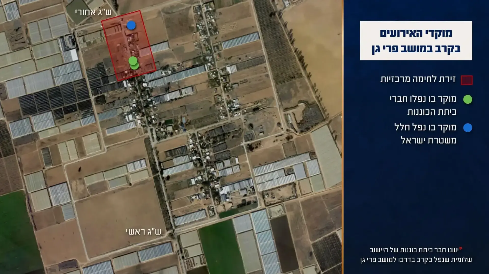 מוקדי האירועים במהלך הקרב שאירע במושב פרי גן ב-7 אוקטובר