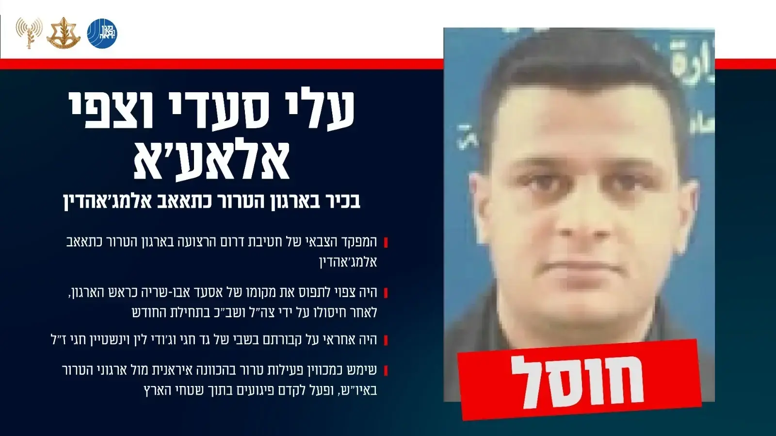 הודעת דובר צה"ל על חיסול עלי סעדי וצפי אלאע׳א הודעת דובר צה"ל על חיסול עלי סעדי וצפי אלאע׳א