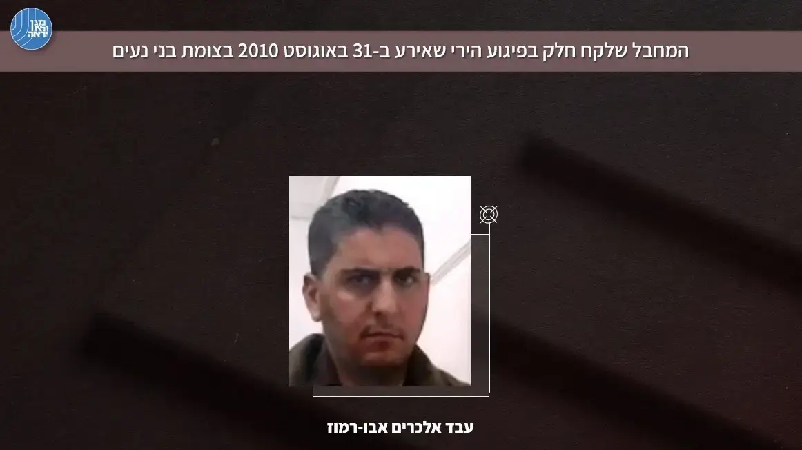 עבד אלכרים אבו-רמוז, המחבל שלקח חלק בפיגוע הירי ב-31 באוגוסט 2010 בצומת בני רעים, בו נרצחו ארבעה ישראלים
29 ביוני 2025 עבד אלכרים אבו-רמוז, המחבל שלקח חלק בפיגוע הירי ב-31 באוגוסט 2010 בצומת בני רעים, בו נרצחו ארבעה ישראלים
29 ביוני 2025