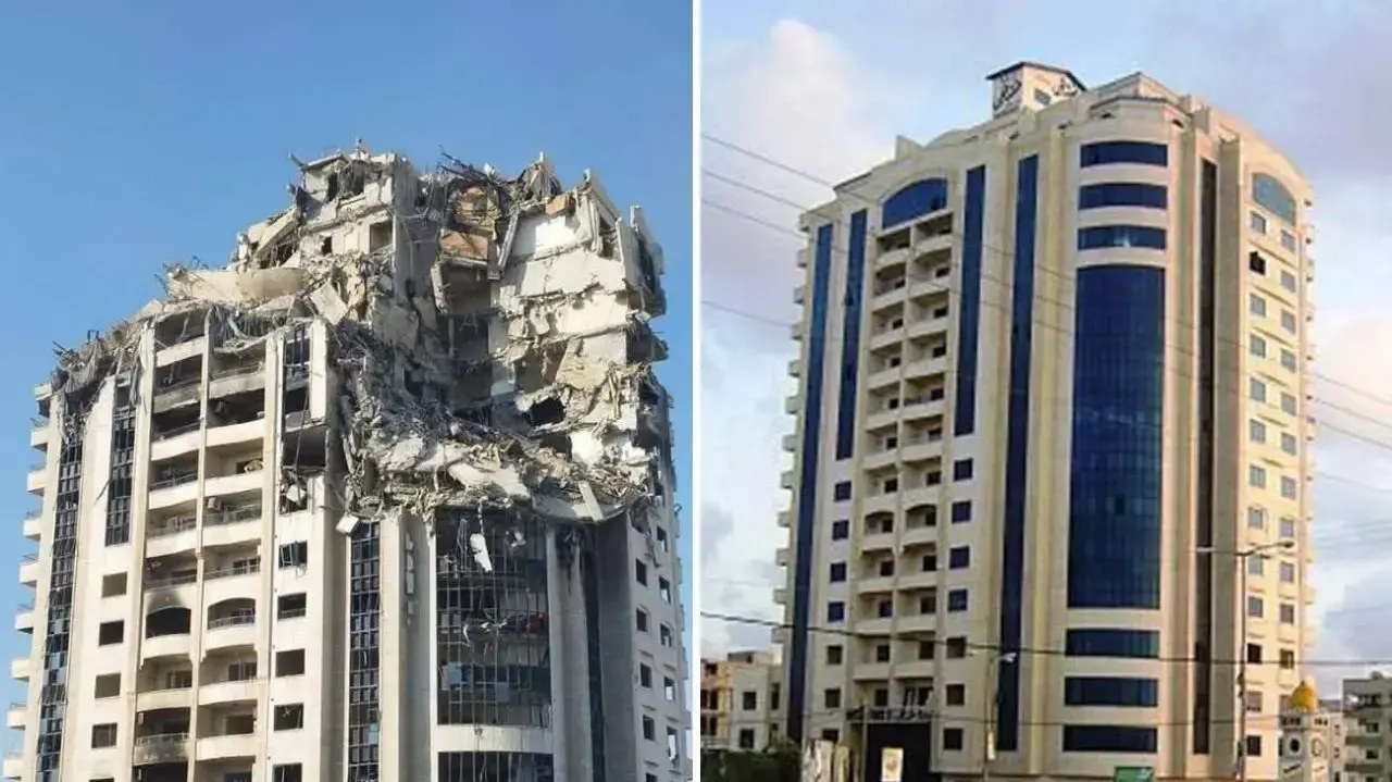 מגדל "מושתהא" שבעיר עזה לפני המלחמה, לצד המגדל לאחר שהותקף במהלך המלחמה מגדל "מושתהא" שבעיר עזה לפני המלחמה, לצד המגדל לאחר שהותקף במהלך המלחמה