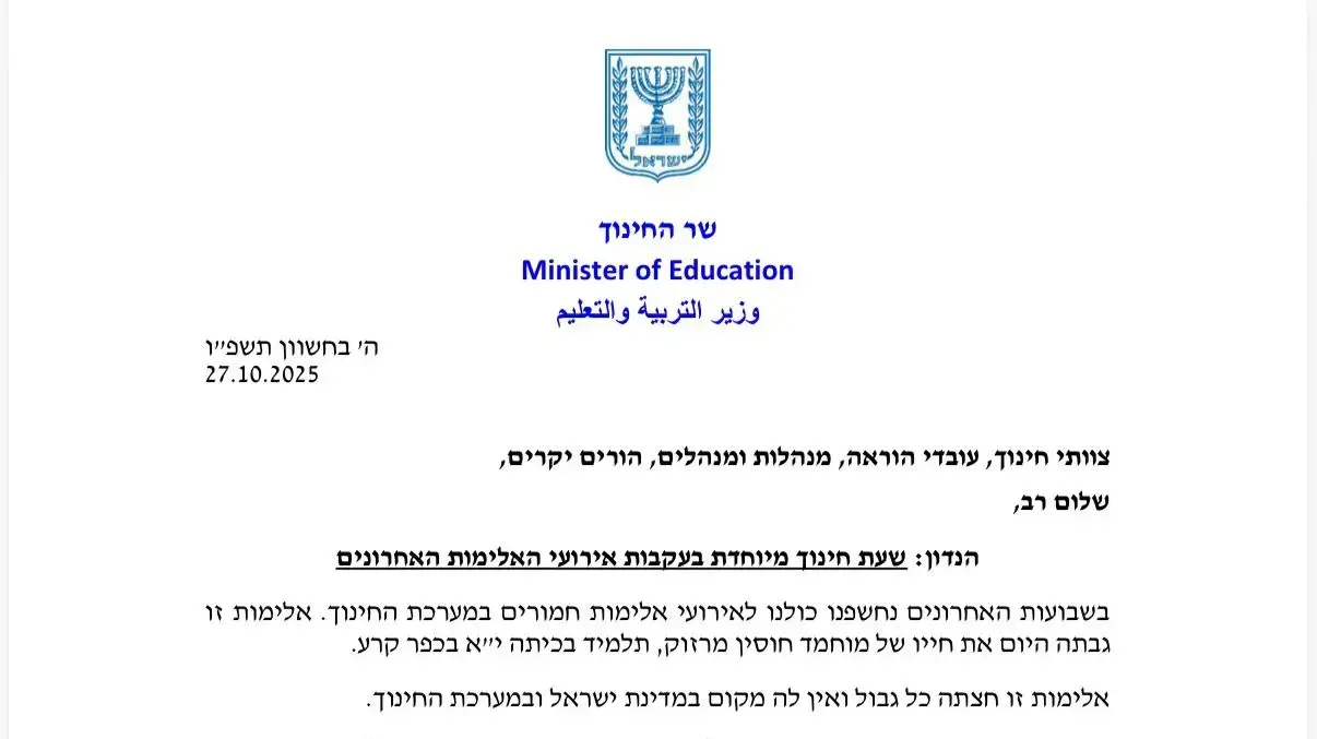 שר החינוך יואב קיש, בעקבות אירוע המוות של התלמיד בבית הספר הנחה כי השעה הראשונה תוקדש למניעת האלימות בחברה הישראלית, בכבוד הדדי סבלנות וסובלנות. שר החינוך יואב קיש, בעקבות אירוע המוות של התלמיד בבית הספר הנחה כי השעה הראשונה תוקדש למניעת האלימות בחברה הישראלית, בכבוד הדדי סבלנות וסובלנות.