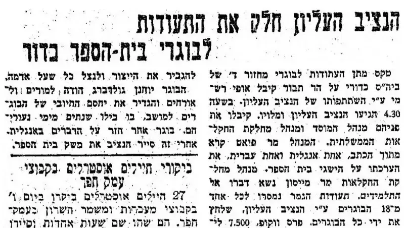 ידיעה על תעודת ההצטיינות לתלמיד רבין, דבר, 21/8/1940
