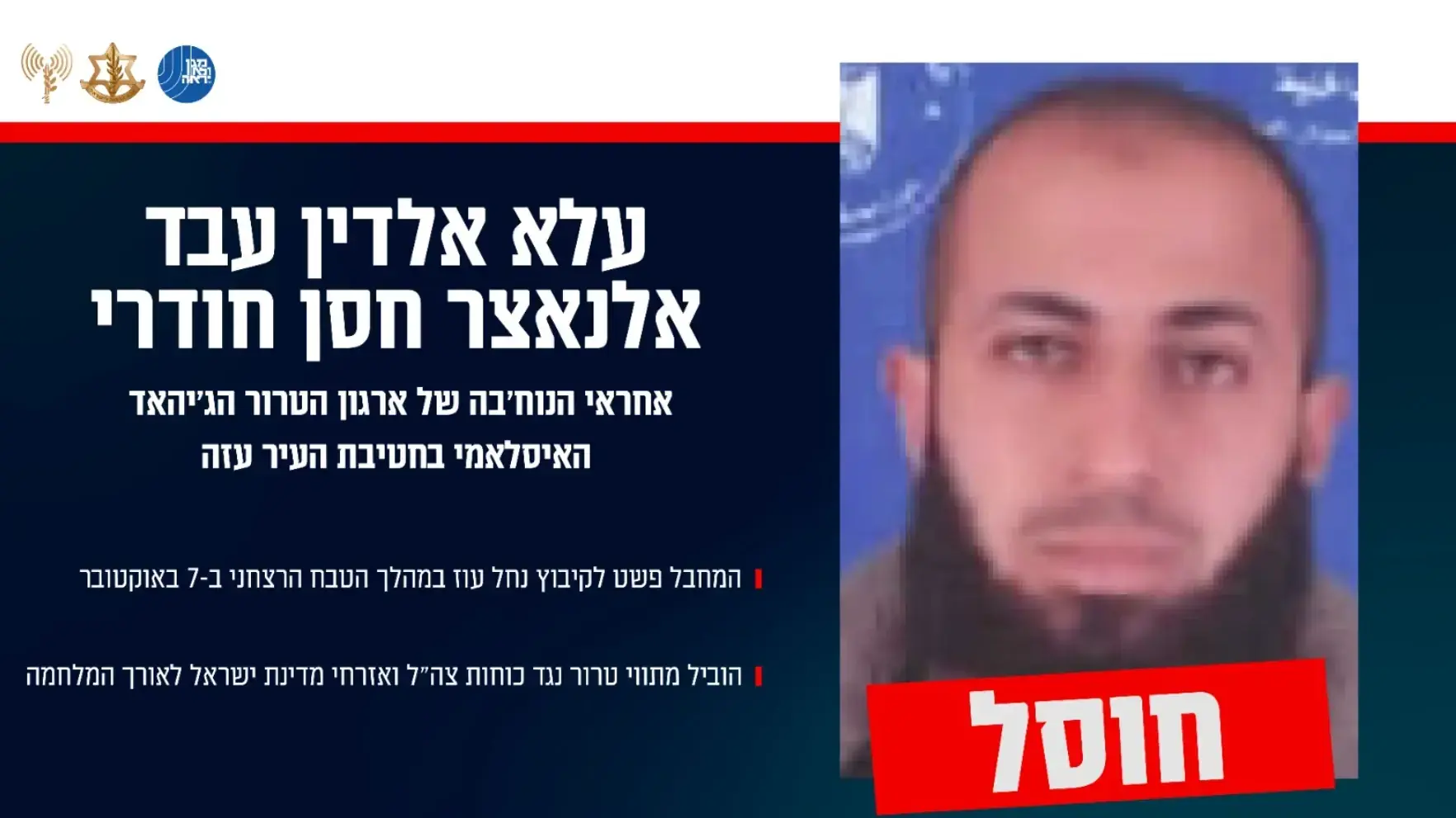 גרפיקה אודות חיסולו של אחראי הנוח'בה של ארגון הטרור הג'יהאד האיסלאמי בחטיבת העיר עזה. 1 בדצמבר 2025 
