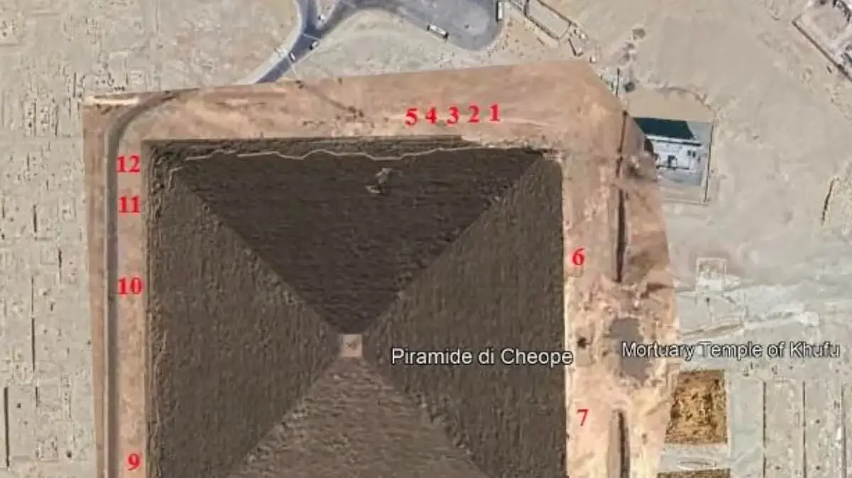 המחקר החדש מדד סחיפה ב-12 נקודות סביב בסיס הפירמידה הגדולה של ח'ופו המחקר החדש מדד סחיפה ב-12 נקודות סביב בסיס הפירמידה הגדולה של ח'ופו