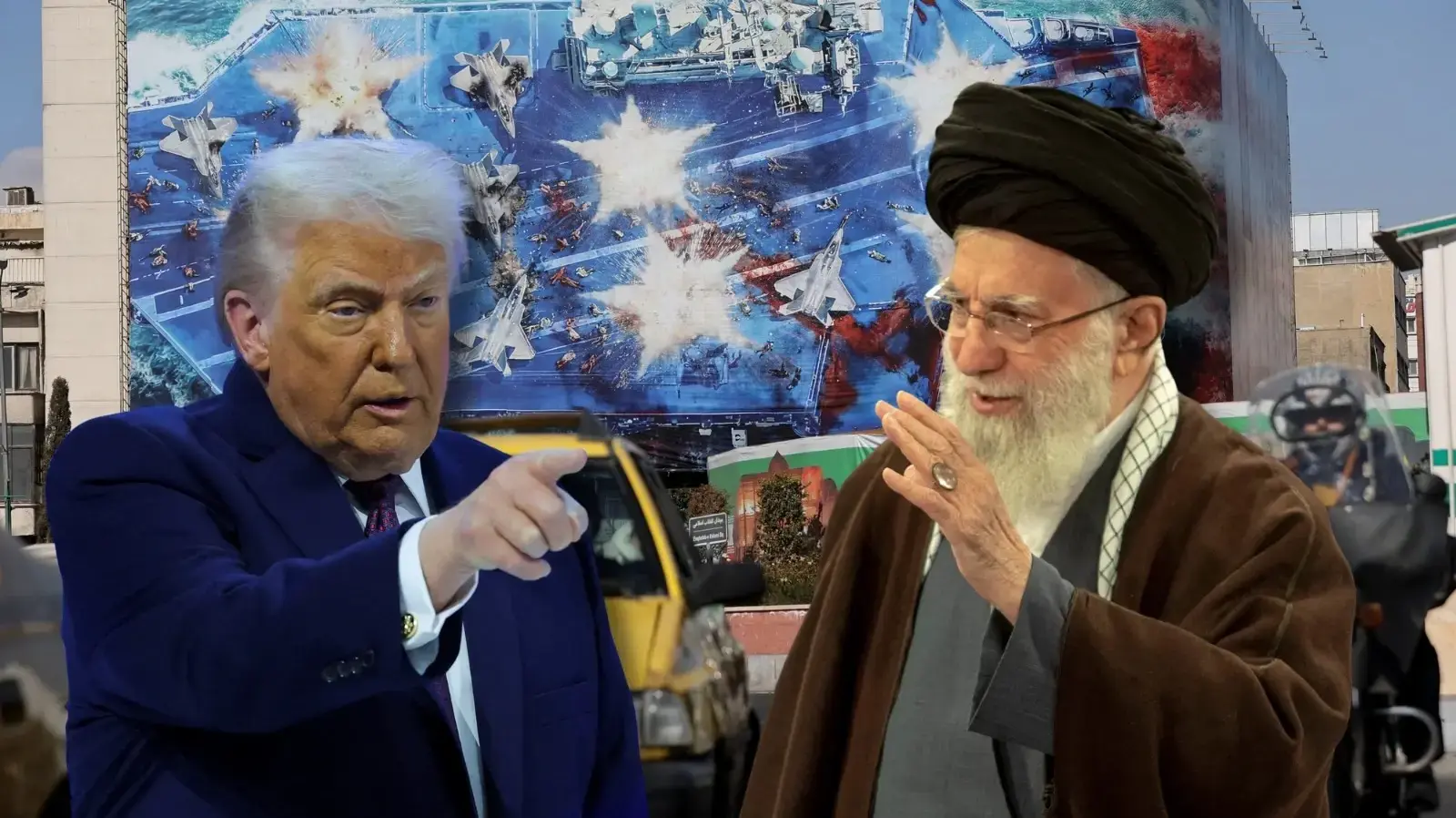 נשיא ארה"ב דונלד טראמפ ומנהיג איראן עלי חמינאי על רקע כרזה המאיימת על נושאת המטוסים האמריקנית בטהראן, איראן, 31 בינואר 2026