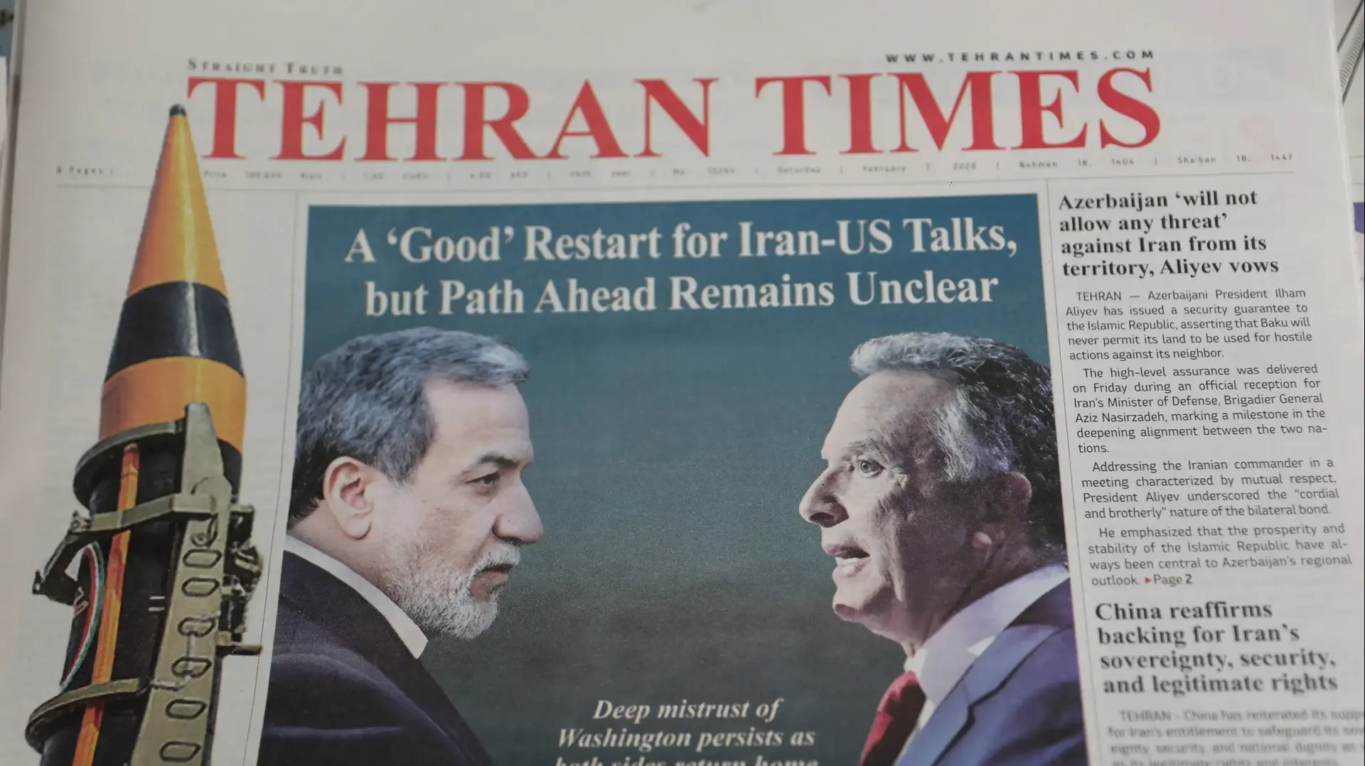 An Iranian newspaper with a cover photo of Iran's Foreign Minister Abbas Araqchi and U.S. Middle East envoy Steve Witkoff, in Tehran, Iran, February 7, 2026 An Iranian newspaper with a cover photo of Iran's Foreign Minister Abbas Araqchi and U.S. Middle East envoy Steve Witkoff, in Tehran, Iran, February 7, 2026
