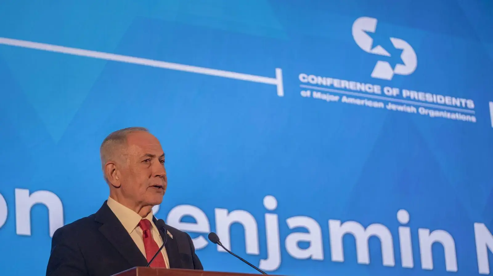 נתניהו נואם בועידת הנשיאים של הארגונים היהודים באמריקה. 15 בפברואר 2026 נתניהו נואם בועידת הנשיאים של הארגונים היהודים באמריקה. 15 בפברואר 2026