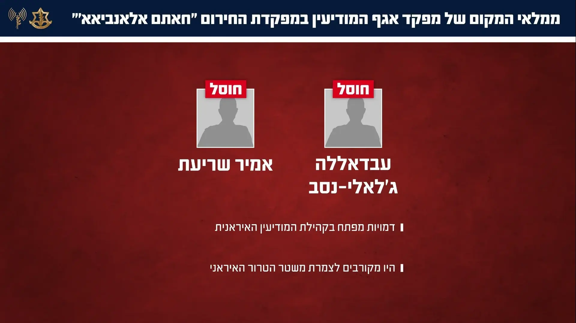 צה"ל חיסל את בכירי אגף המודיעין של מפקדת החירום "ח'אתם אלאנביאא׳" צה"ל חיסל את בכירי אגף המודיעין של מפקדת החירום "ח'אתם אלאנביאא׳"