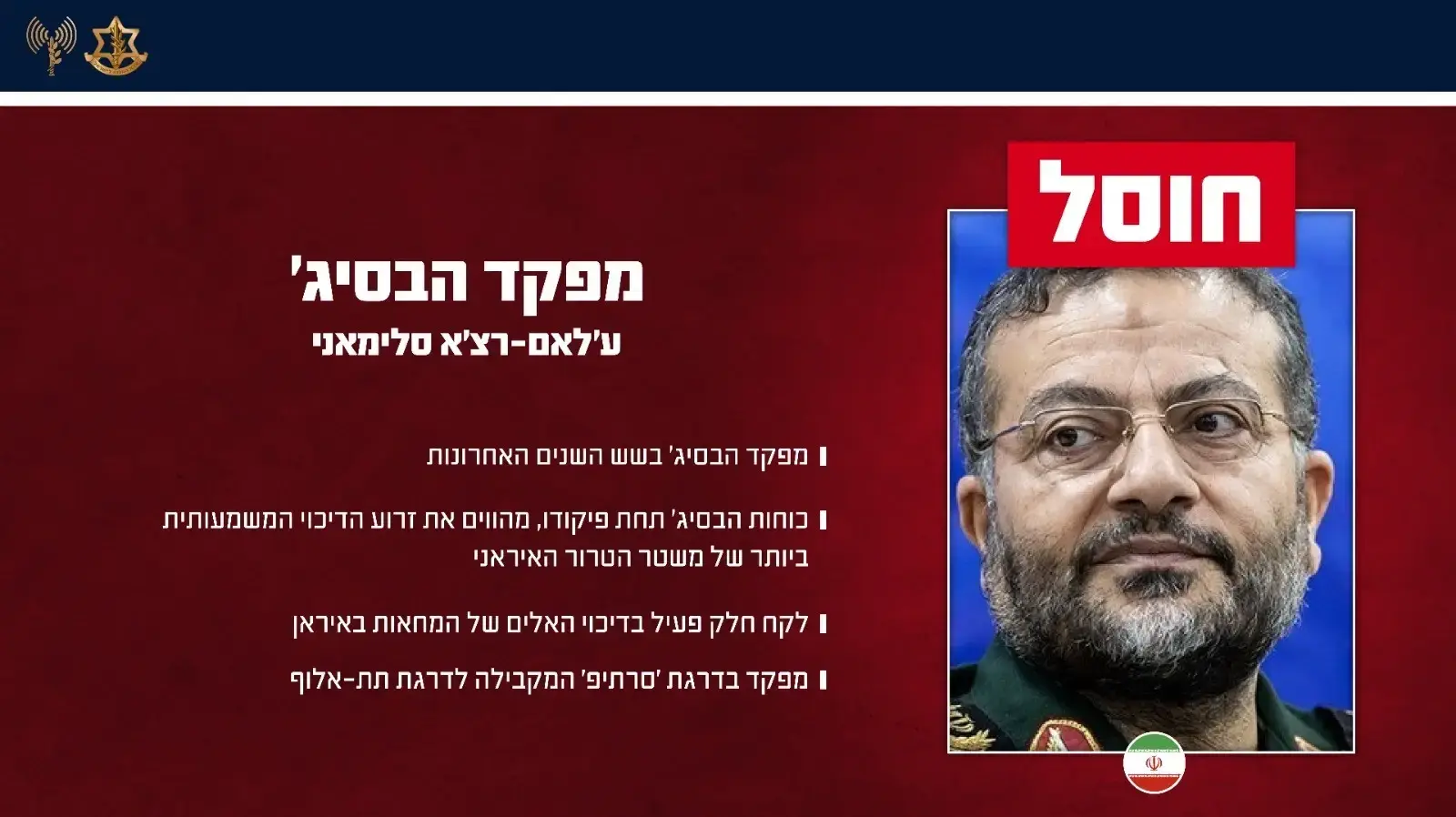 חיסול מפקד ארגון הבסיג׳, ע׳לאם רצ׳א סלימאני חיסול מפקד ארגון הבסיג׳, ע׳לאם רצ׳א סלימאני