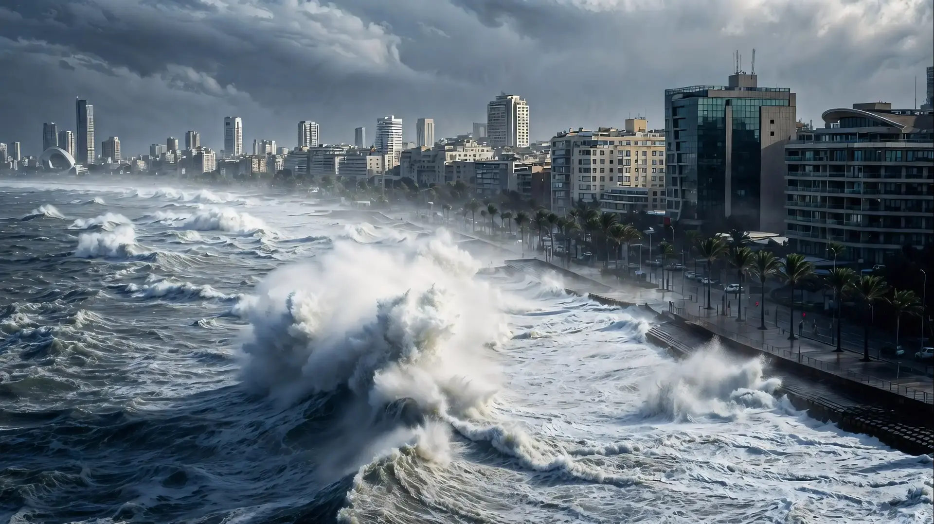 הדמייה של גל צונאמי פוגע בחופי תל אביב